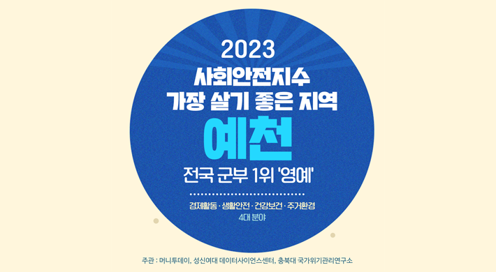 2023년 사회안전지수 가장 살기 좋은 지역 예천전국 군부 1위 영예경제활동, 생활안전, 건강보건, 주거환경4대분야